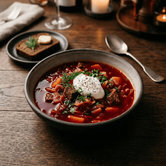 Bowl of borscht with sour cream and dill on a wooden restaurant table