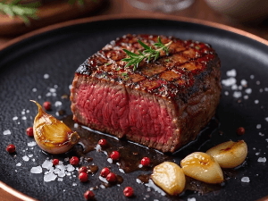 Seared steak plated on a dark dish with rosemary and roasted garlic