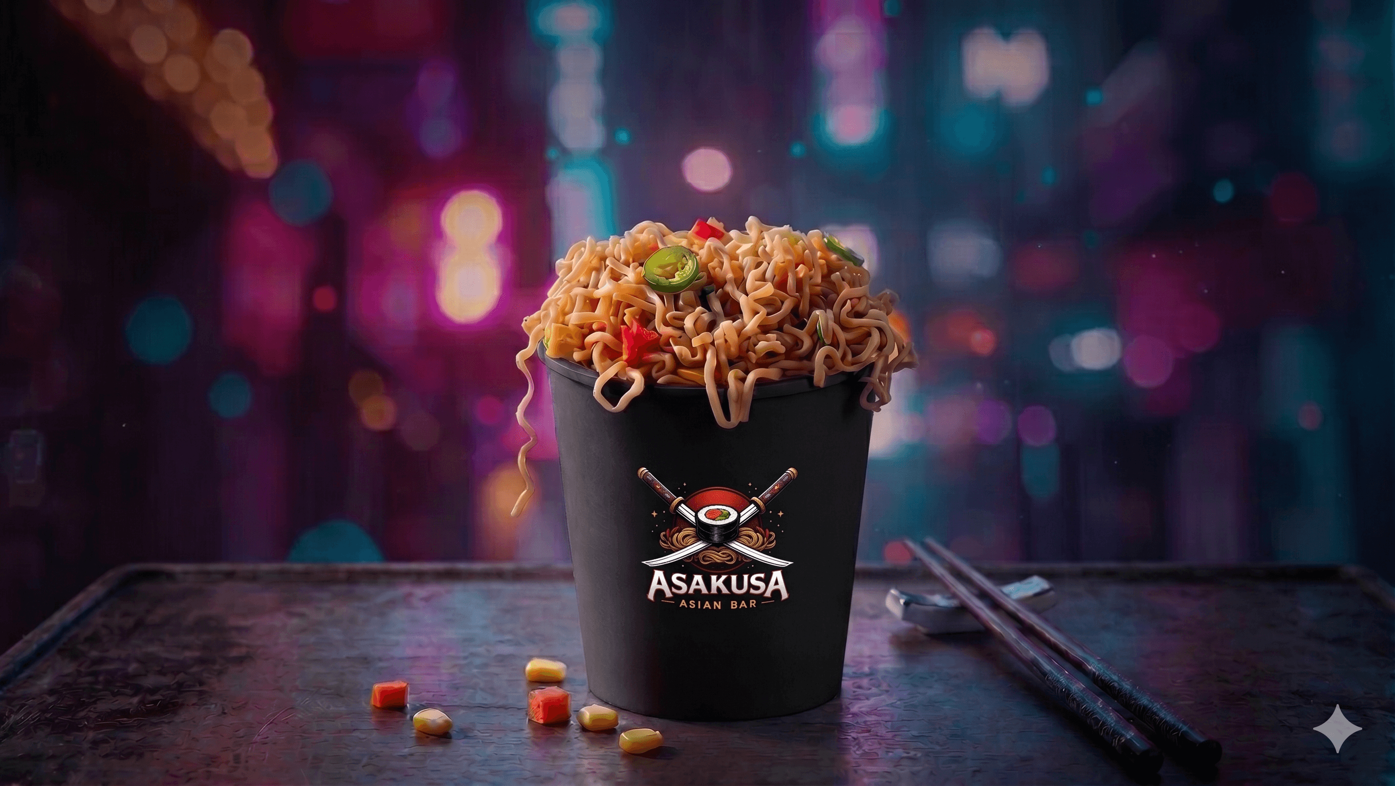 Kubek z makaronem na wynos z logo restauracji