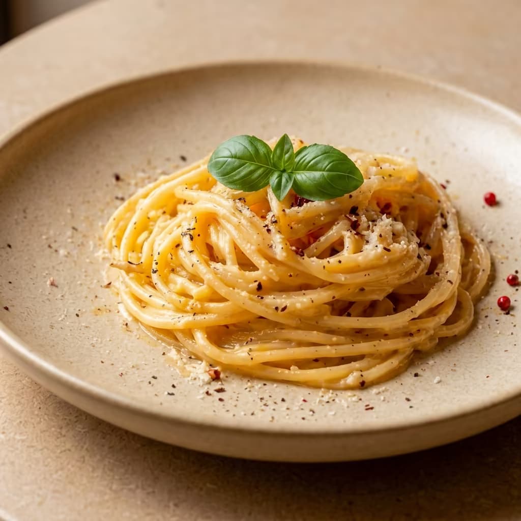 Creamy pasta plated on a bright table by the window, styled for a restaurant menu hero image