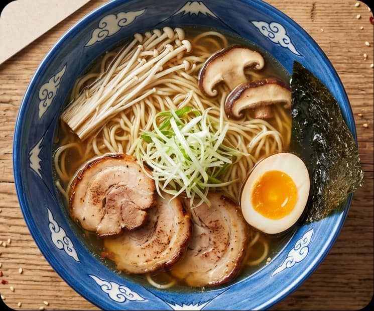 Ramen bowl styled with the same look applied across a menu