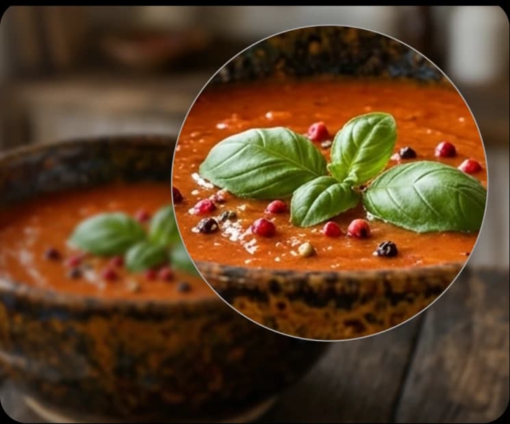 Tomato soup with a zoomed-in basil garnish detail callout