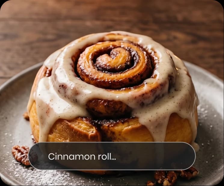 Cinnamon roll dish photo generated from a text description