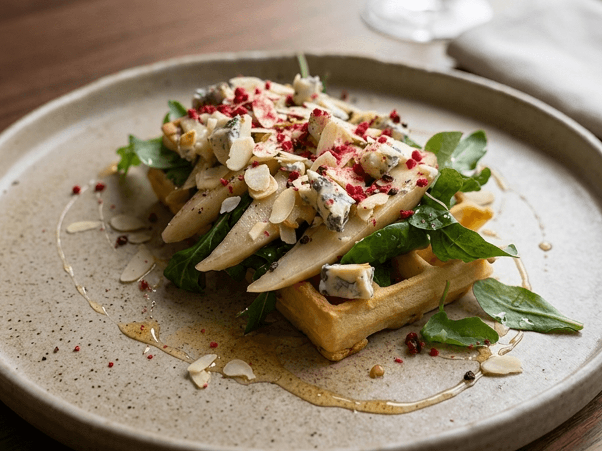 Styled plated dish with pears, greens, nuts, and cheese for a restaurant menu testimonial