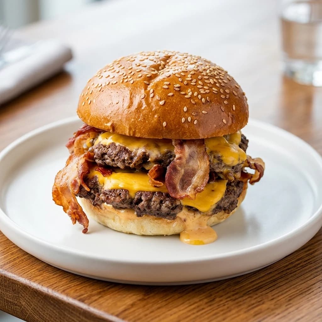 Czysty editorial style applied to a restaurant burger menu photo